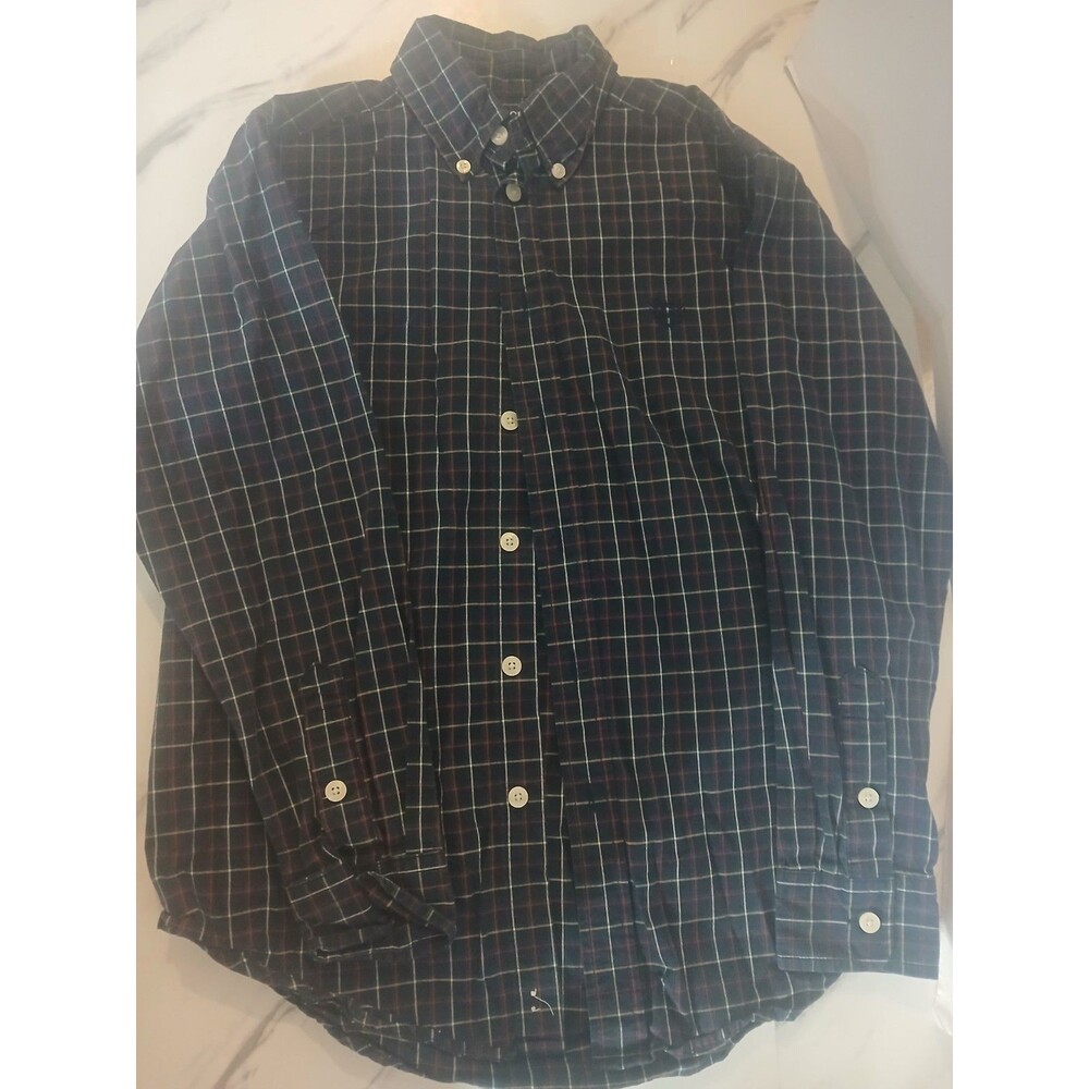 Chaps Button Down Shirt Boys Medium 10-12 Red Navy Plaid Cotton Long Sleeve